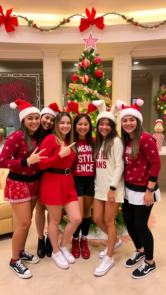 Matching Christmas Profile Pictures for a Group of Five Five friends in matching Christmas outfits with festive decorations.